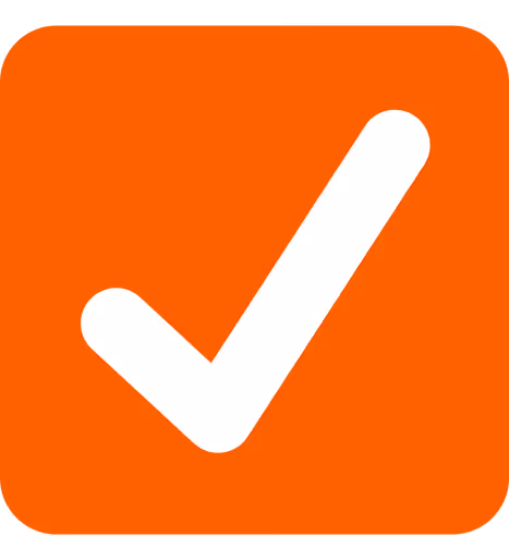 White check mark symbol inside an orange rounded square background.