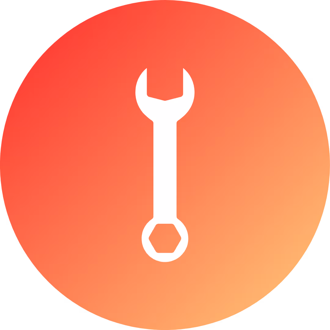 White wrench icon centered on a circular background with a red to orange gradient.
