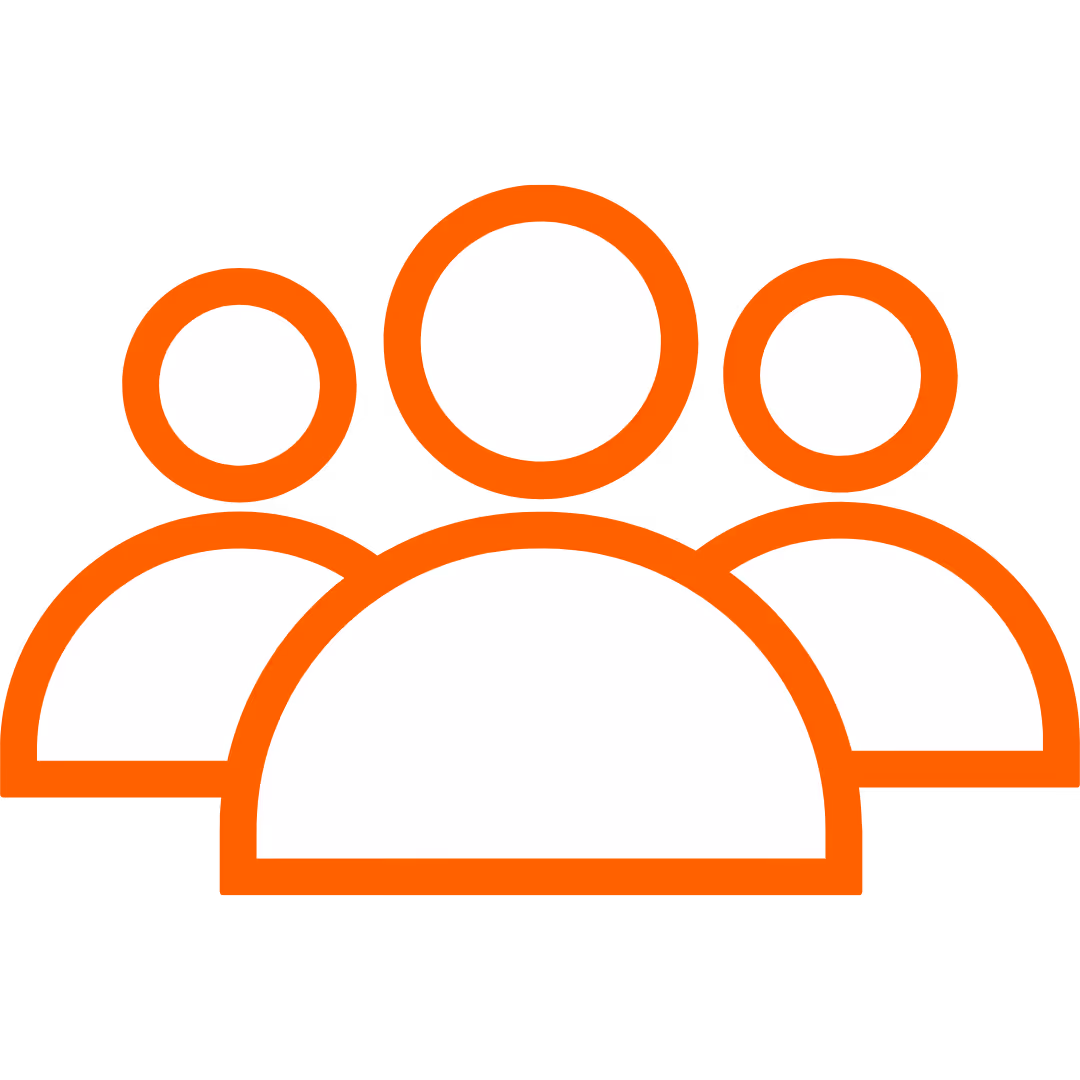 Icon of three white user figures outlined in orange representing a group or community.