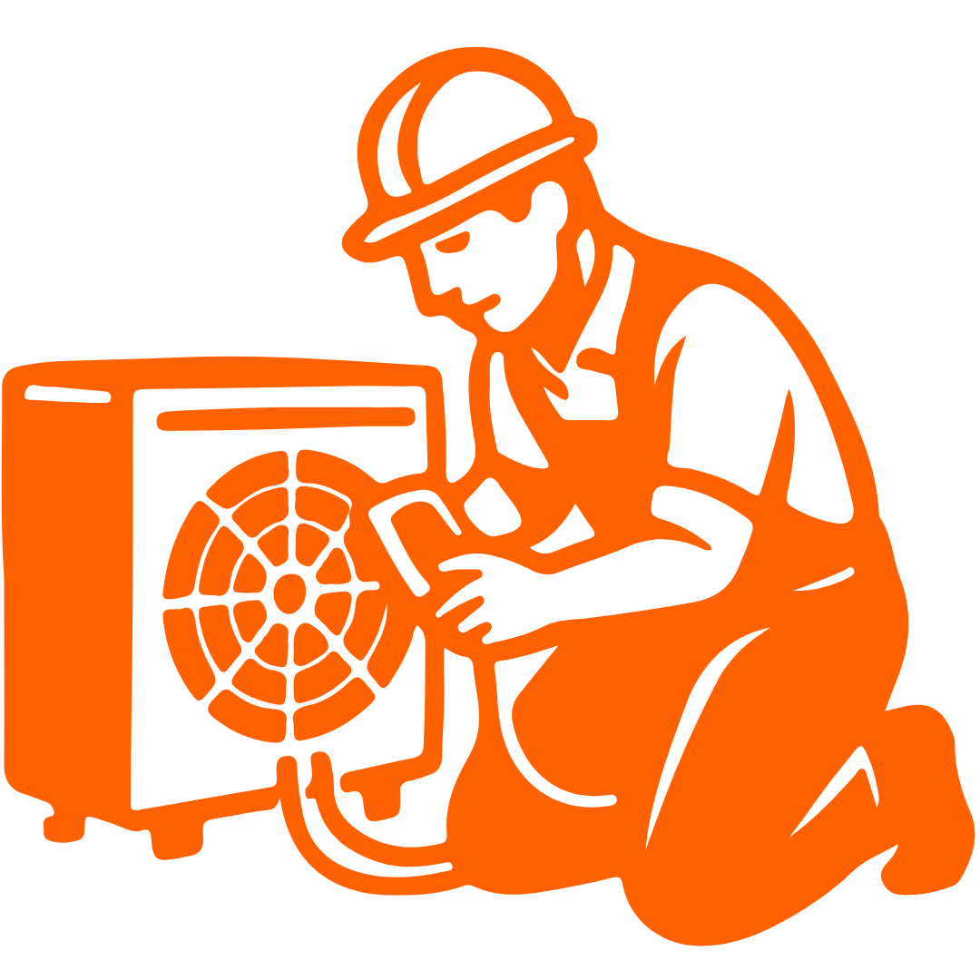 Orange silhouette of a worker wearing a hardhat kneeling and inspecting an air conditioning unit with a tablet.