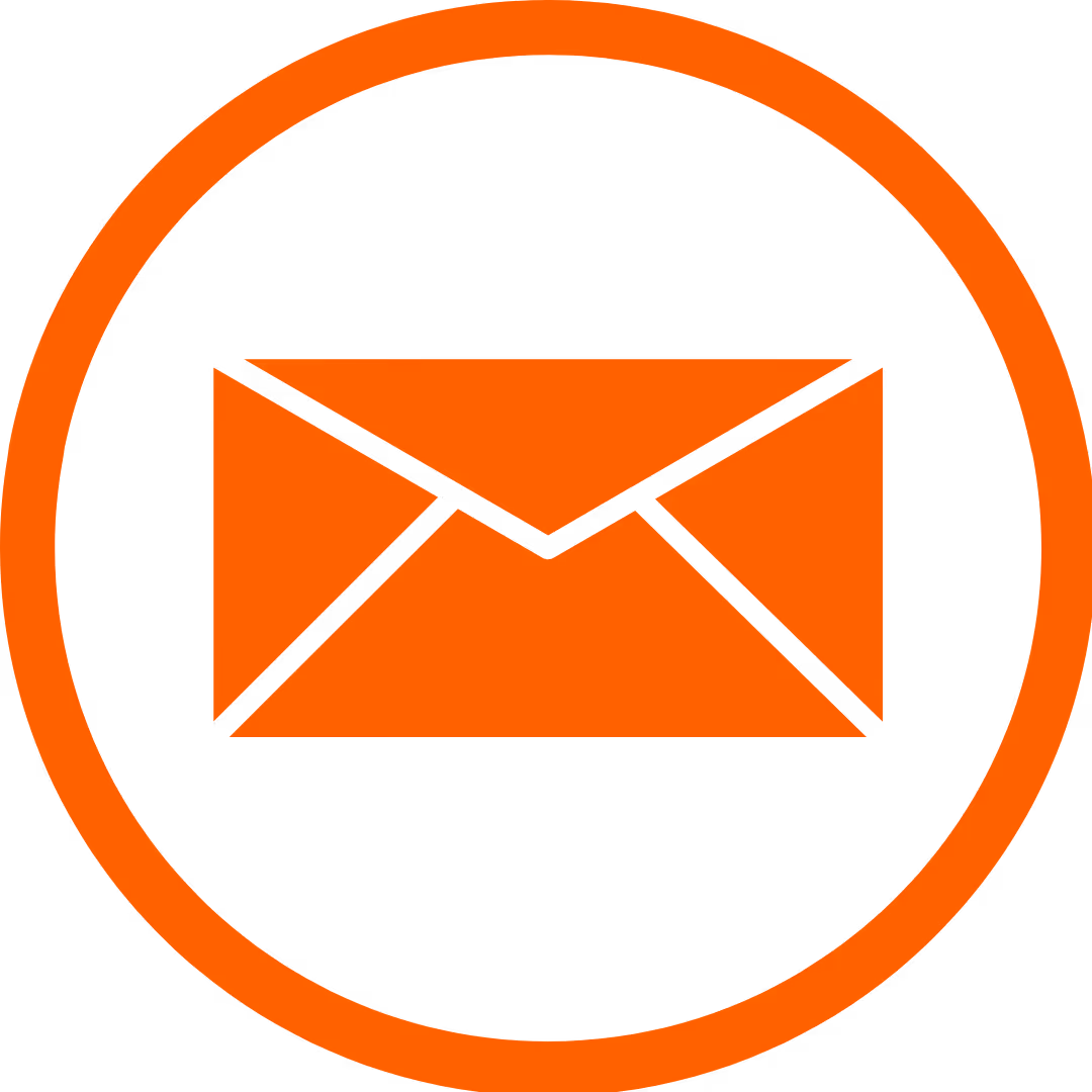 Orange envelope mail icon inside an orange circle on a black background.