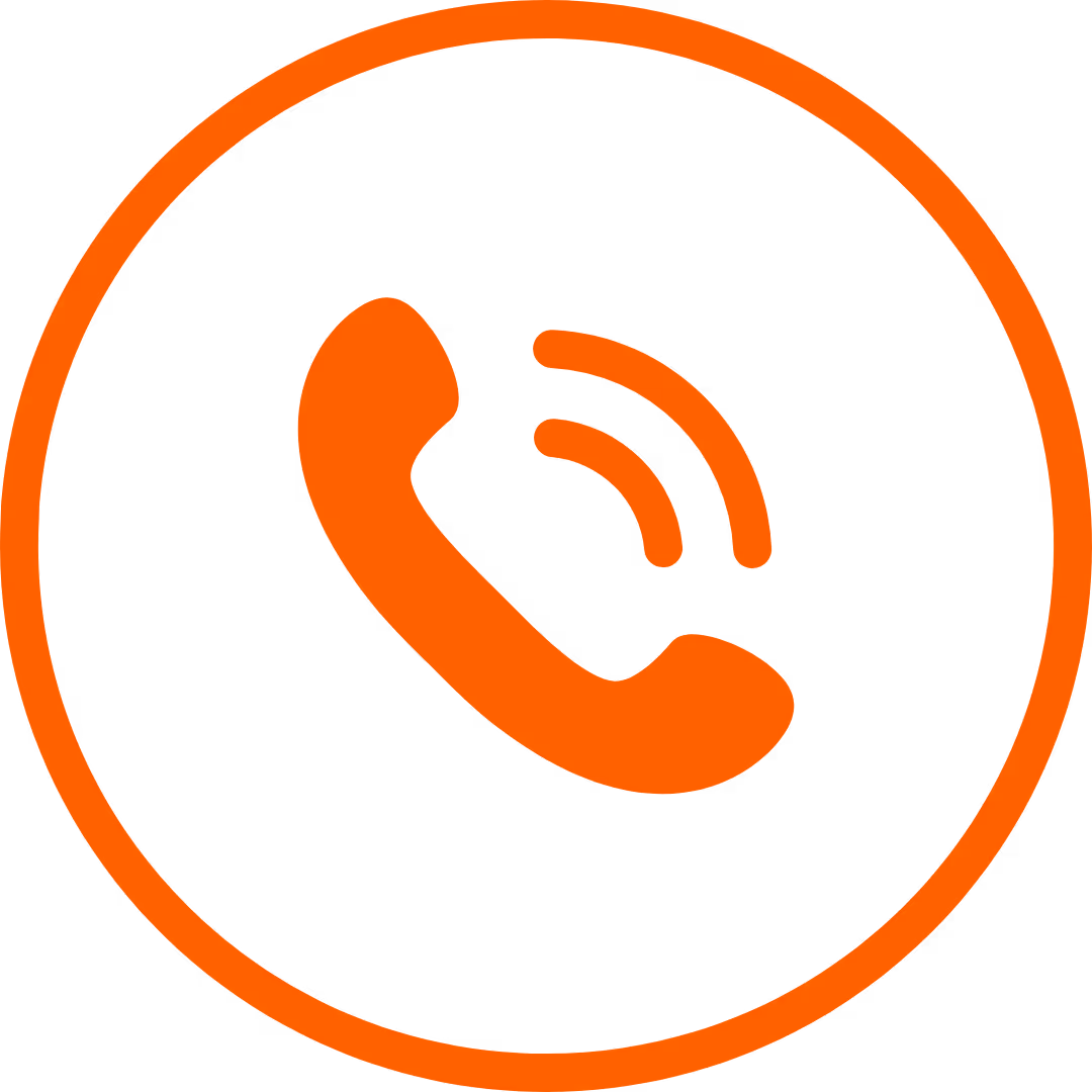 Orange phone handset icon with two sound waves inside an orange circle.