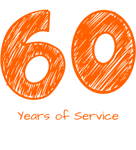 Orange text reading '60 Years of Service' with the number 60 in large, textured font.