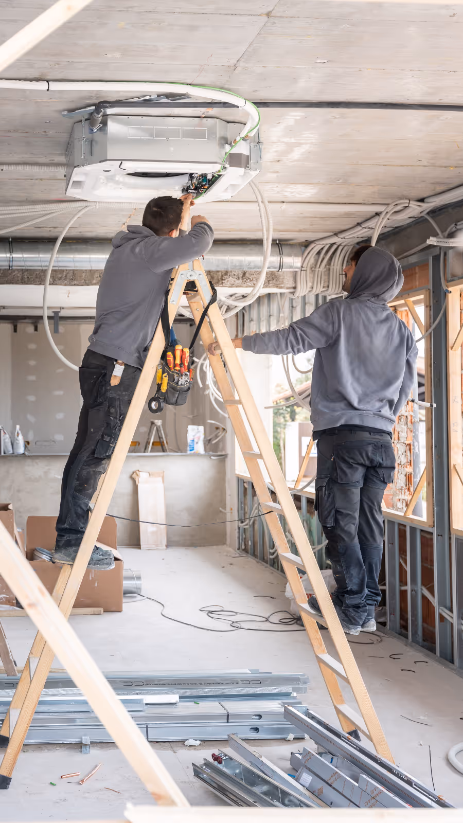 Two workers install a ceiling air conditioning unit in a building under construction.