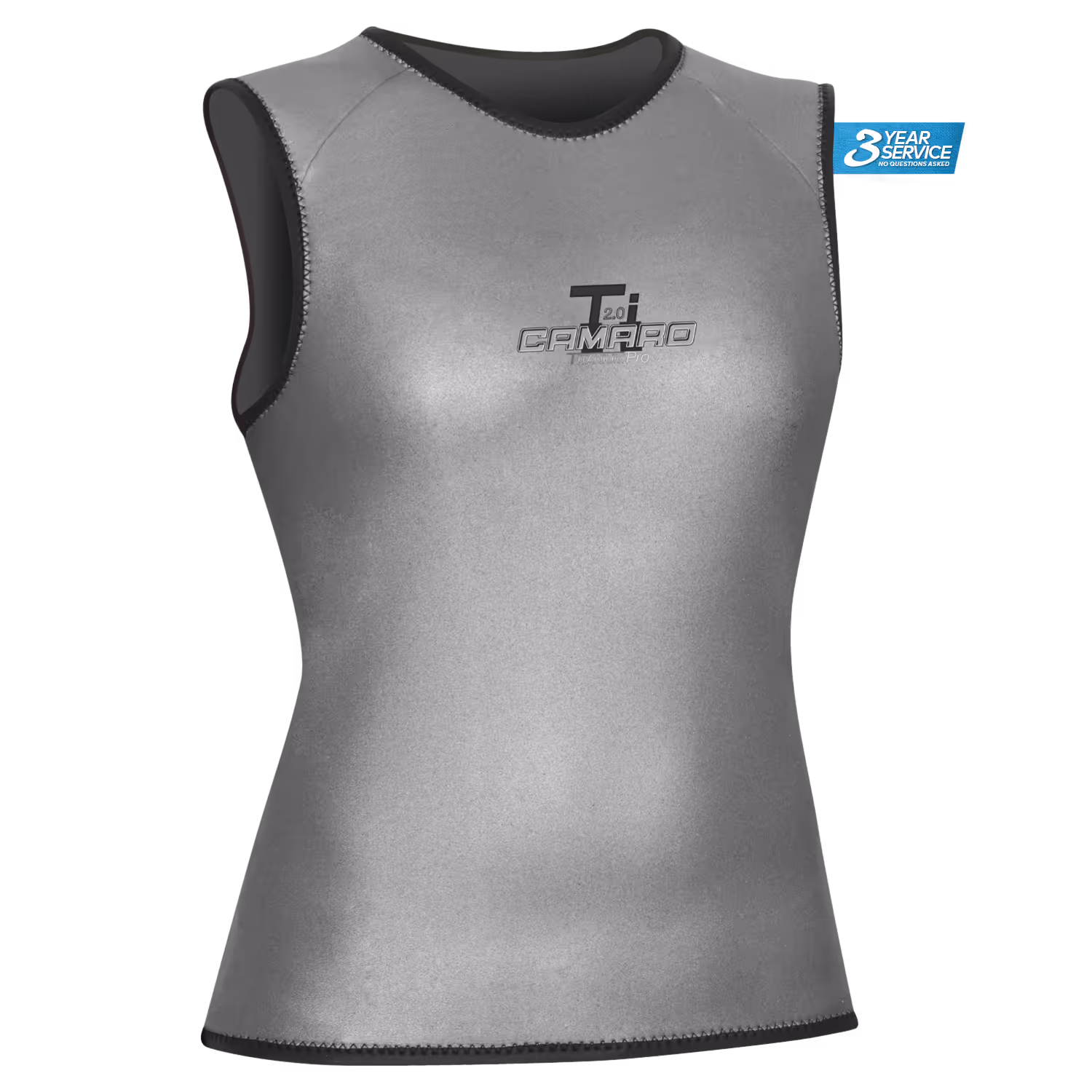 Gray sleeveless compression shirt with black trim and a 3-year service badge on the right shoulder.