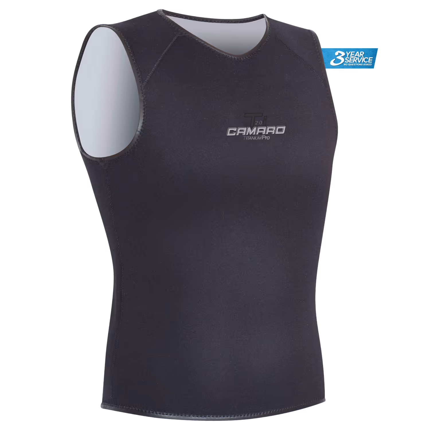 Gray sleeveless compression shirt with black trim and a 3-year service badge on the right shoulder.