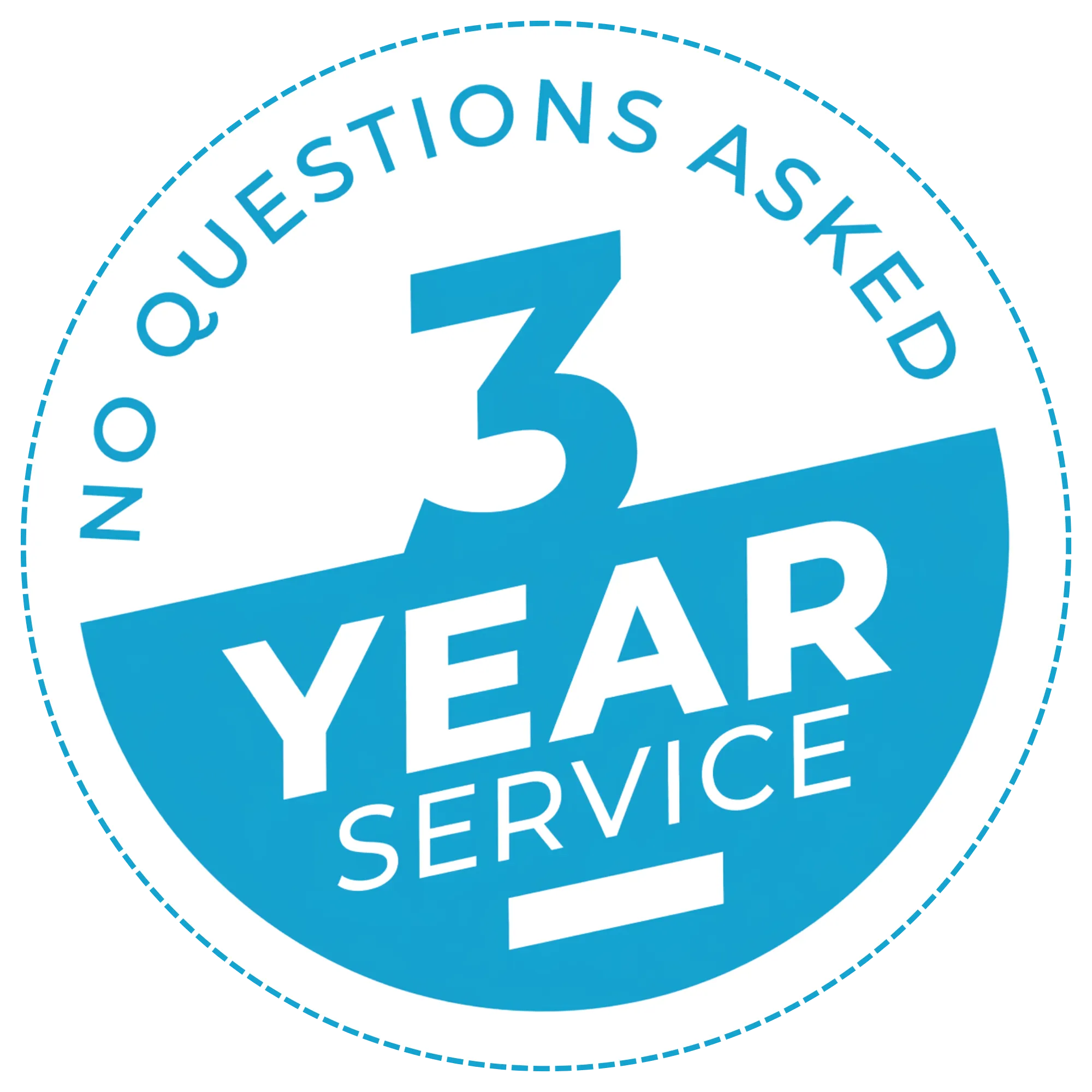 Badge with text No Questions Asked and 3 Year Service on blue and white background.