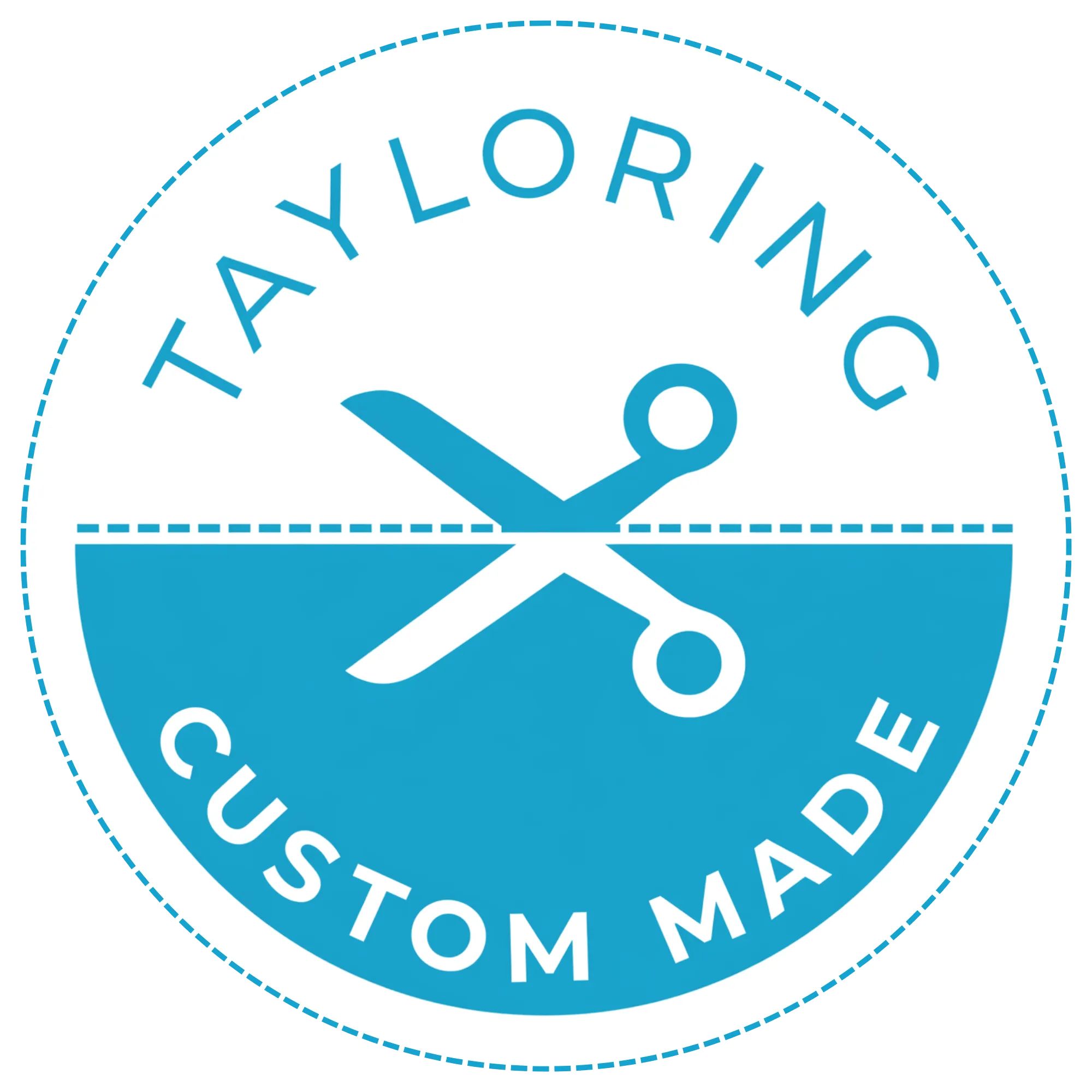 Round badge with blue and white background featuring a pair of scissors in the center and the text 'TAYLORING CUSTOM MADE' around the edge.