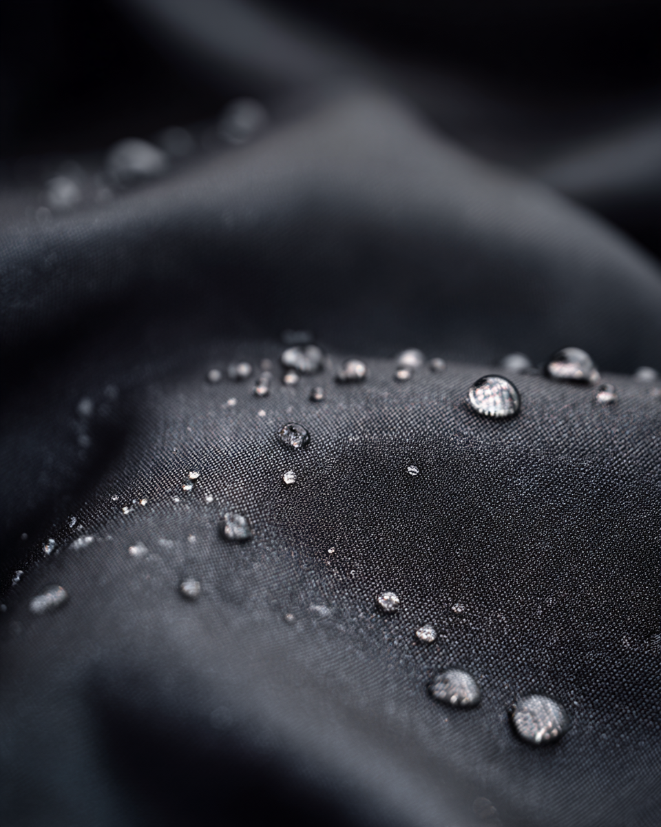 Close-up of a textured black fabric with a wavy pattern and intricate mesh-like surface.