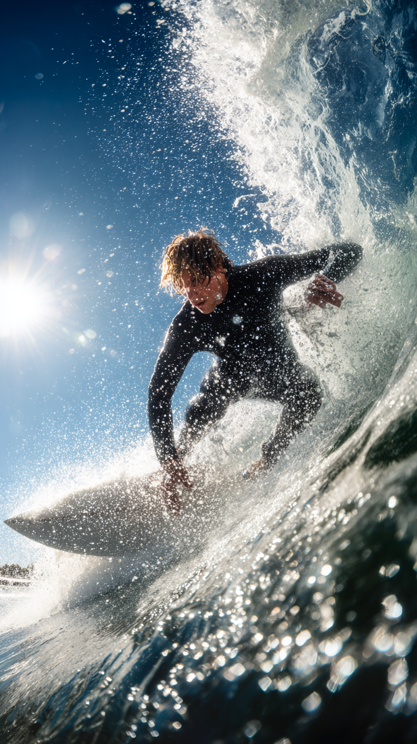 Silhouette of a shirtless man holding a surfboard beside a rocky cliff under a clear blue sky.
