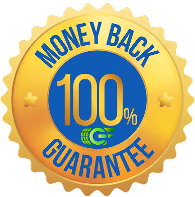 Gold and blue badge with the text '100% Money Back Guarantee' and a small green logo at the bottom center.