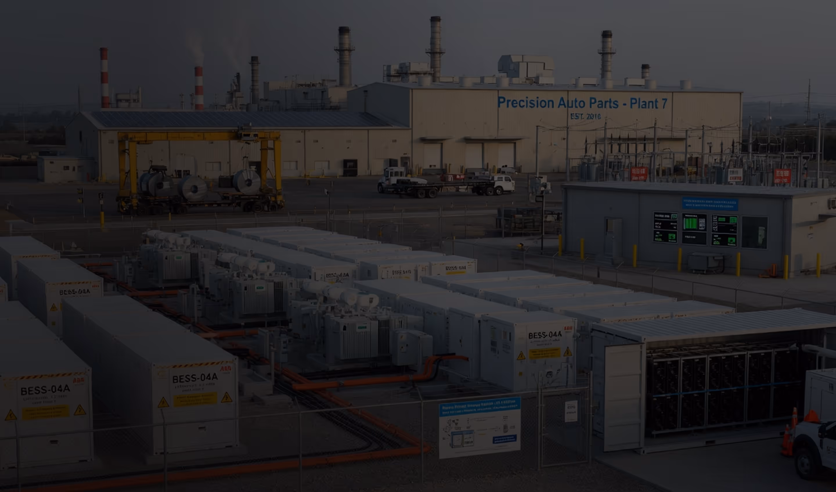 Industrial facility with large white containers labeled BESS-04A and a building marked Precision Auto Parts - Plant 7.