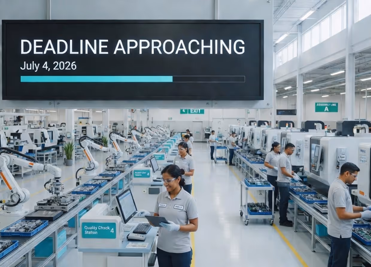Modern factory floor with workers monitoring robotic arms and machinery under a large screen displaying 'DEADLINE APPROACHING July 4, 2026' and a progress bar.