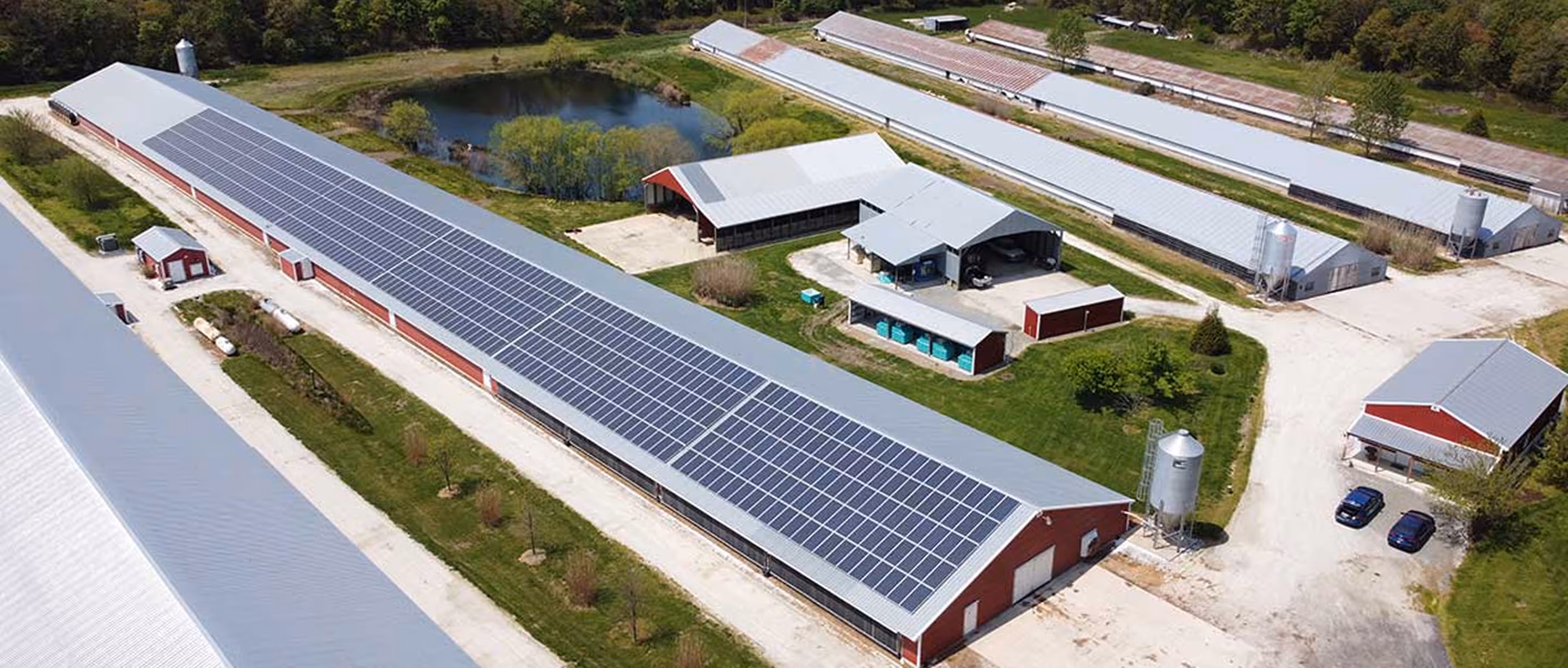 Aerial view of a rural farm with multiple long buildings, one roof covered in solar panels, surrounded by green grass and trees with a pond nearby.