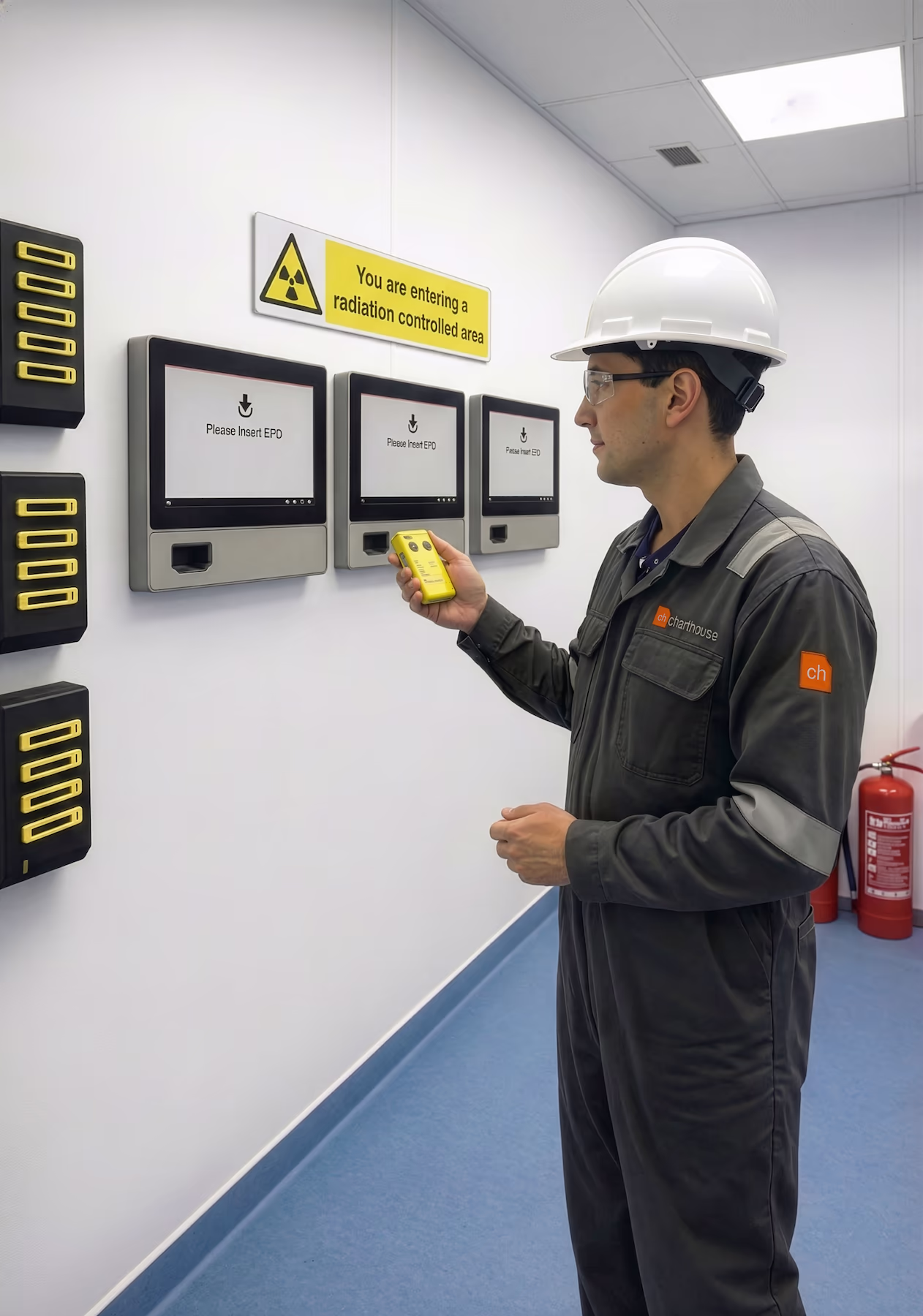 Man in a white hard hat and safety glasses holding a yellow device, standing in a radiation controlled area with warning signs and electronic screens.