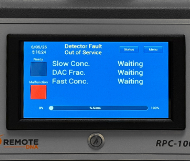 RPC-1000 7-inch LCD touchscreen displaying Slow Concentration, DAC Fraction, Fast Concentration, and alarm status
