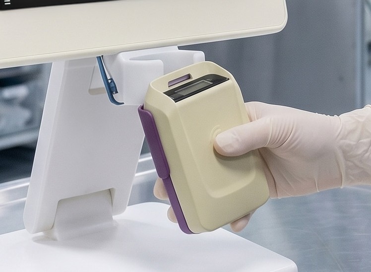 Close-up of the Radflash PM1630 holder and reader with dosimeter.