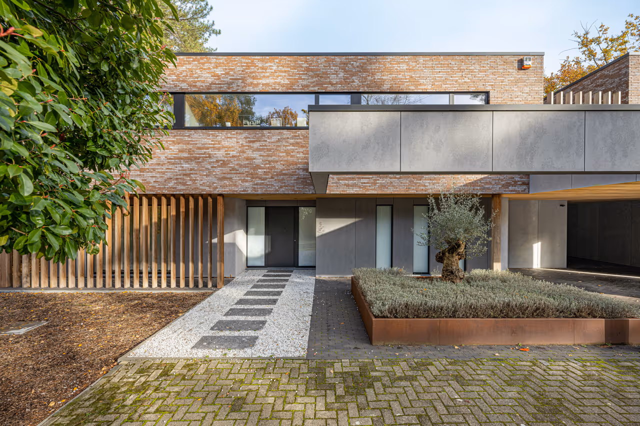 Inkom van een moderne woning in baksteen en beton met houten latten, olijfboom en aangelegde tuin