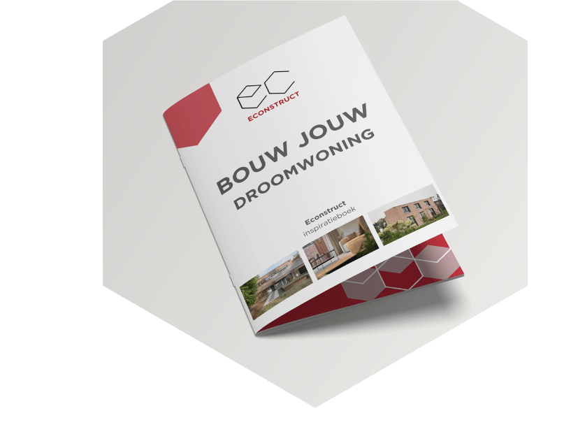 Een boekje van Econstruct met de titel ‘Bouw Jouw Droomwoning’ en afbeeldingen van huizen op de omslag.