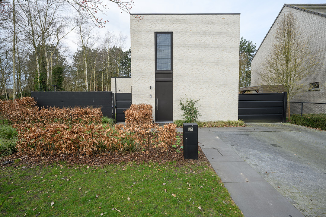 Straatzicht op de smalle witte woning met zwarte voordeur en beukenhaag in de voortuin