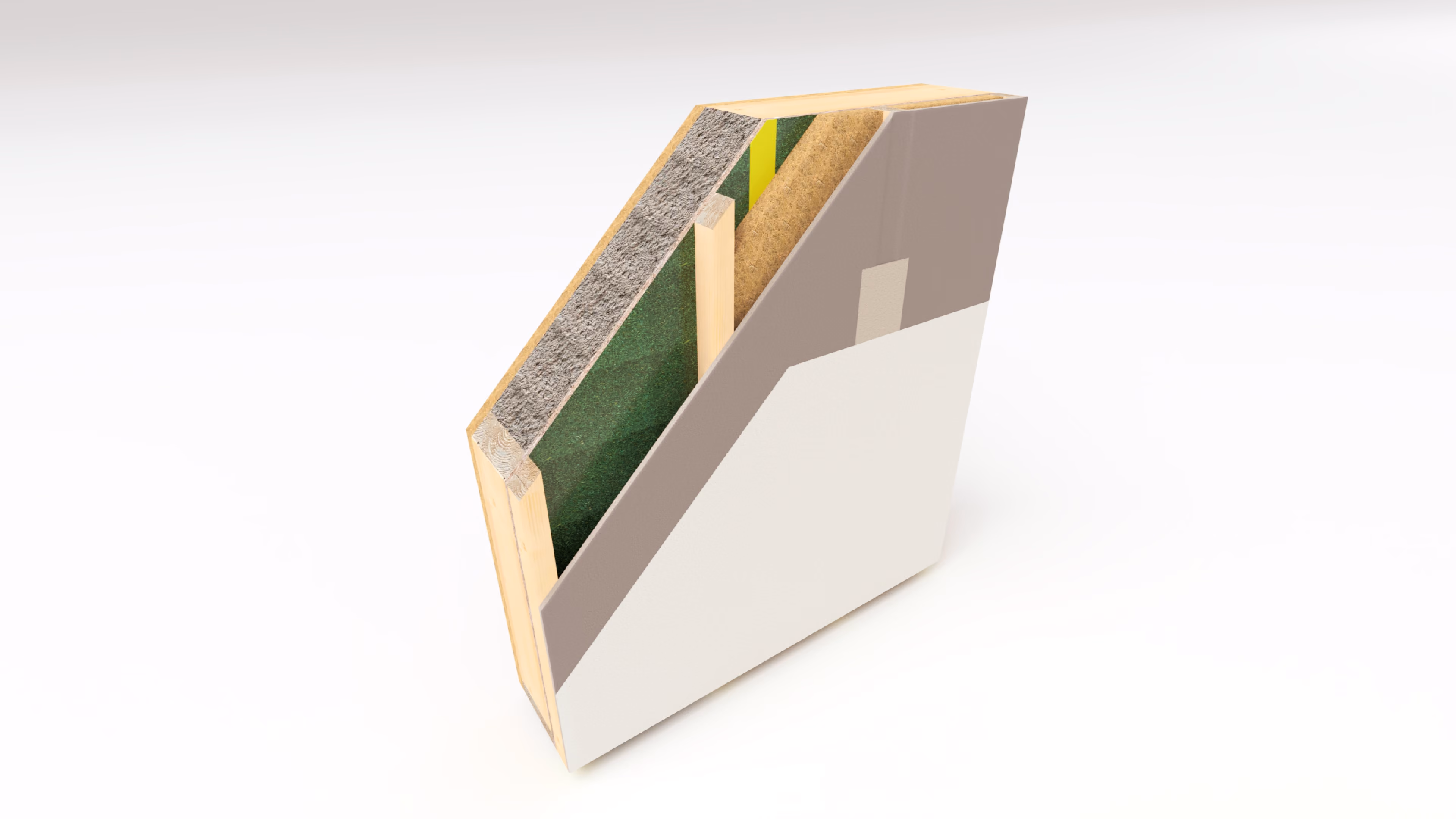 3D-doorsnede van een milieuvriendelijke wandconstructie van houtskeletbouw, bestaande uit meerdere lagen, bestaande uit hout, isolatiemateriaal en gipsplaat.
