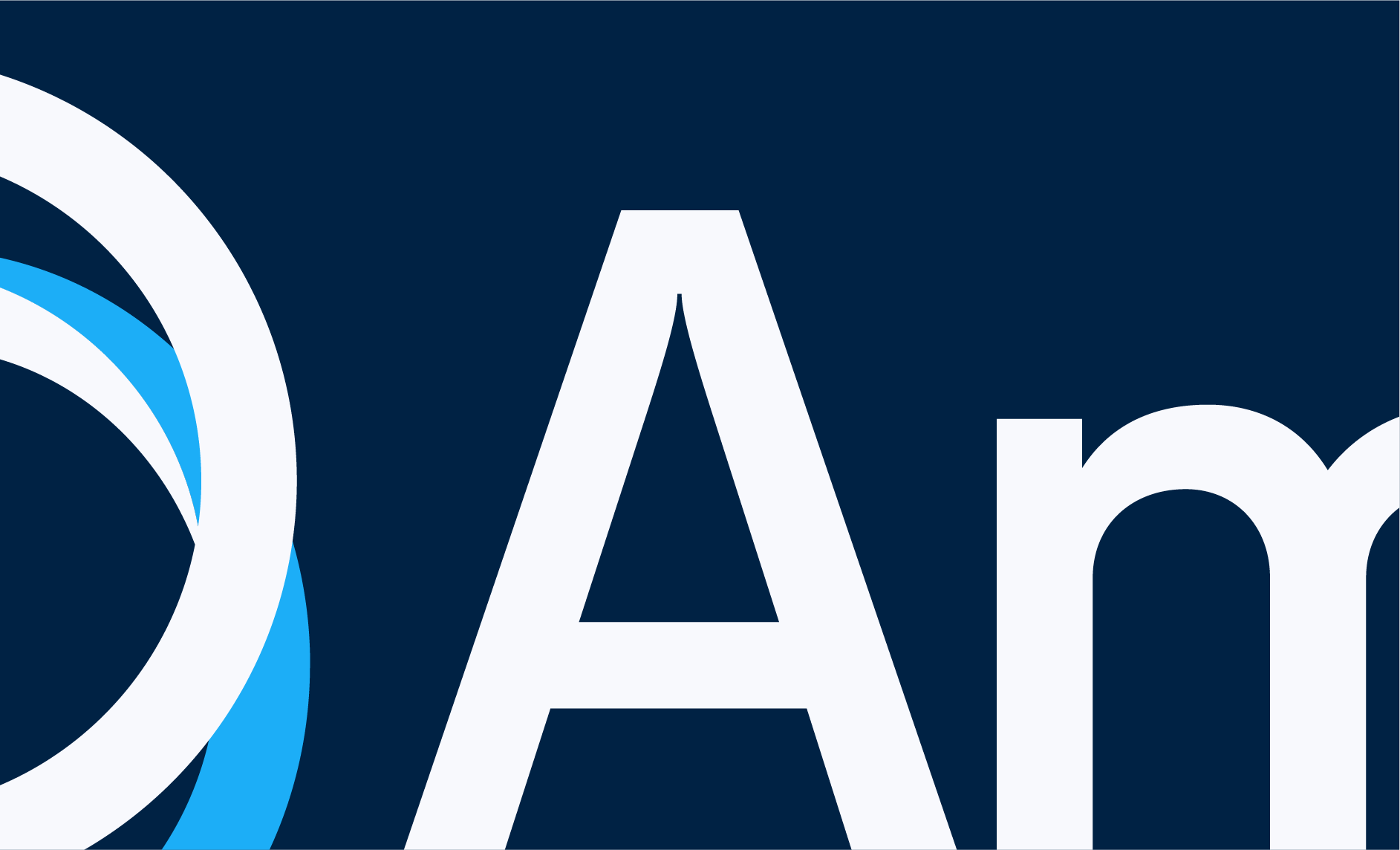 Partial view of a logo with overlapping white and blue circular shapes on a dark background and large white text.
