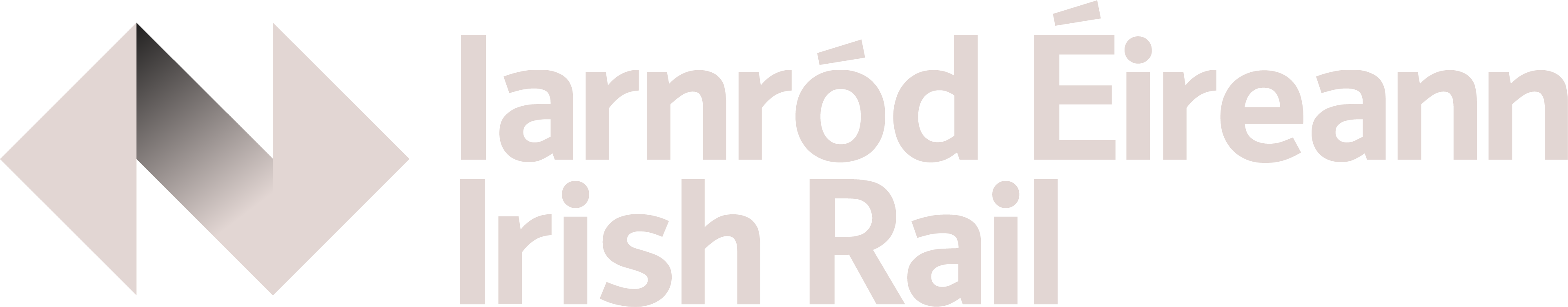 Logo of Iarnród Éireann Irish Rail with a stylized geometric symbol on the left.