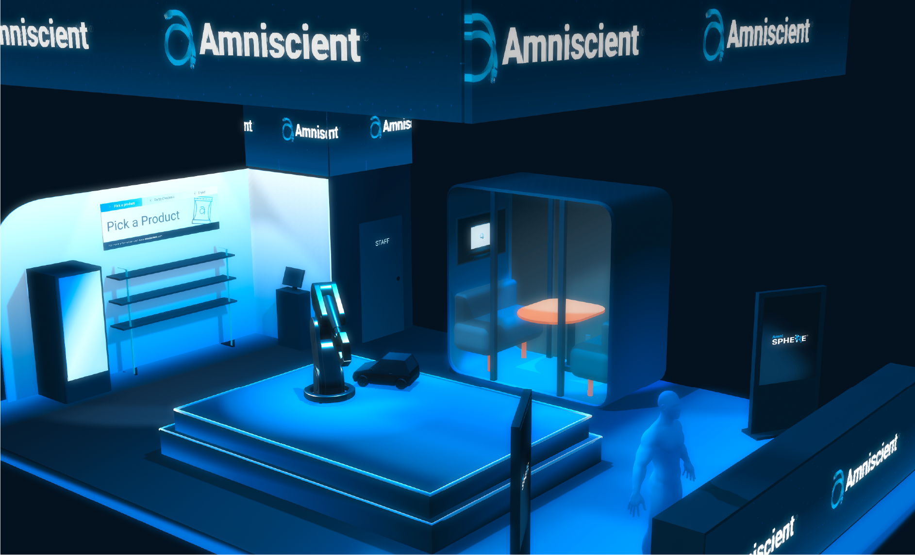 Blue-lit tech booth with Amniscient logos, robotic arm, mini car, and a glass meeting pod with seats.
