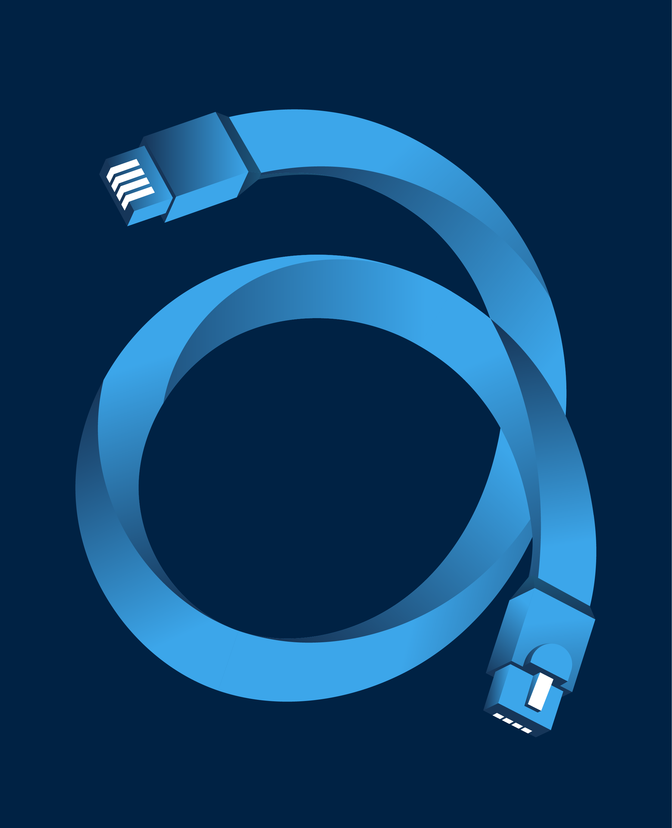 Coiled blue Ethernet cable with RJ45 connectors on a dark blue background.