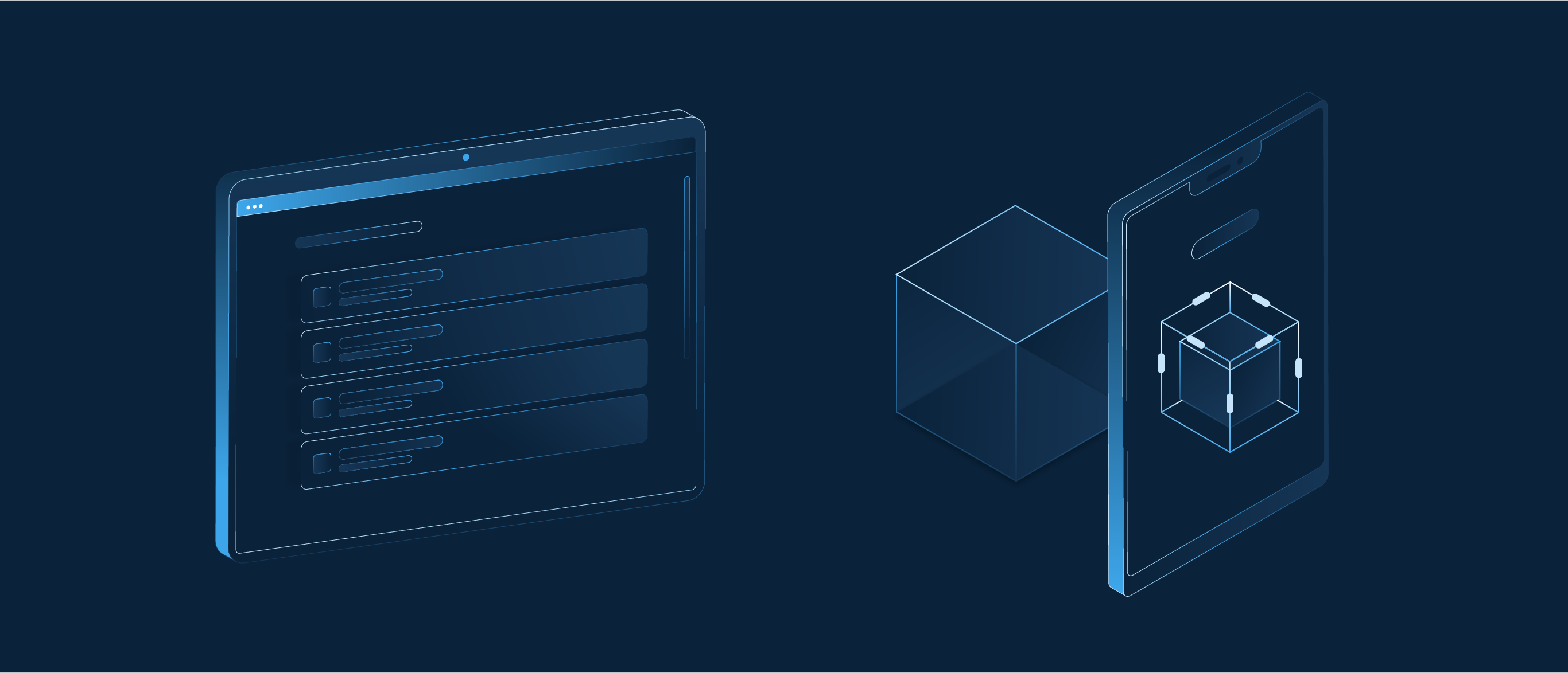 Illustration of tablet showing a list interface and smartphone displaying a 3D cube model, both glowing blue.