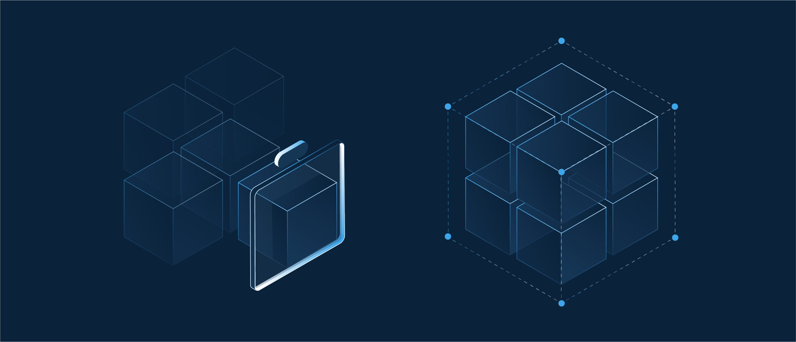 Two transparent 3D cubes composed of smaller cubes, one with blue nodes on vertices, on a dark background.