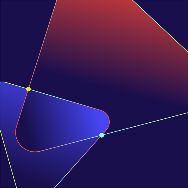 Abstract geometric design with overlapping shapes in blue, red, and yellow on a dark background.