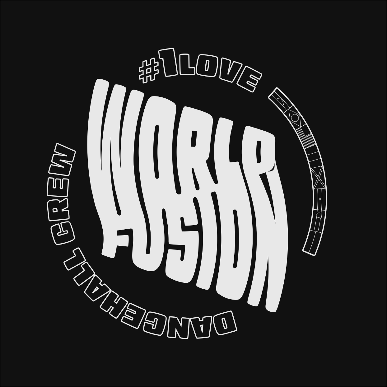 Distorted text with #1 Love World Fusion Dancehall Crew and a curved pattern of flags.