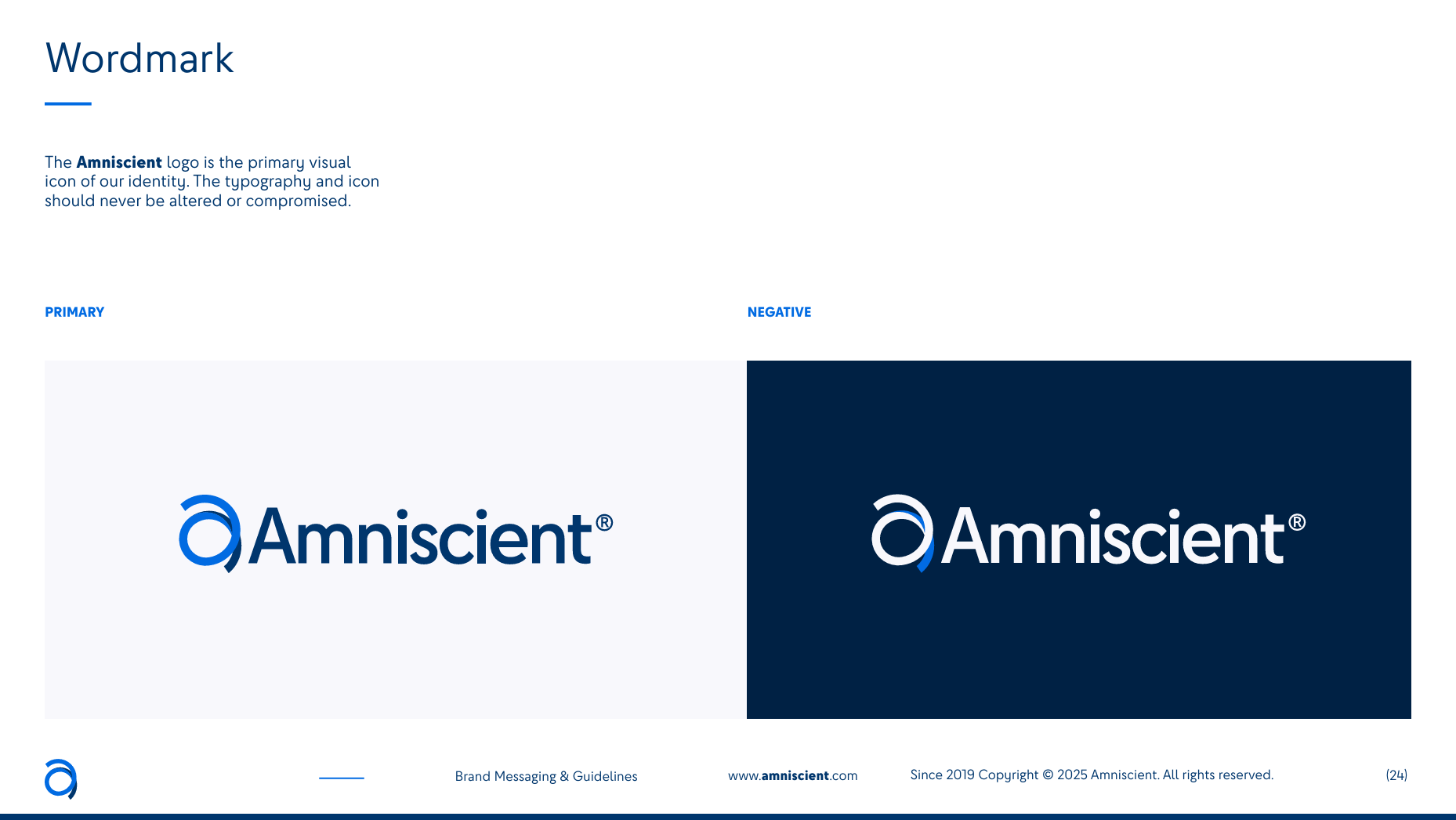 Amniscient wordmark logo shown in primary and negative color styles with a circular blue icon.