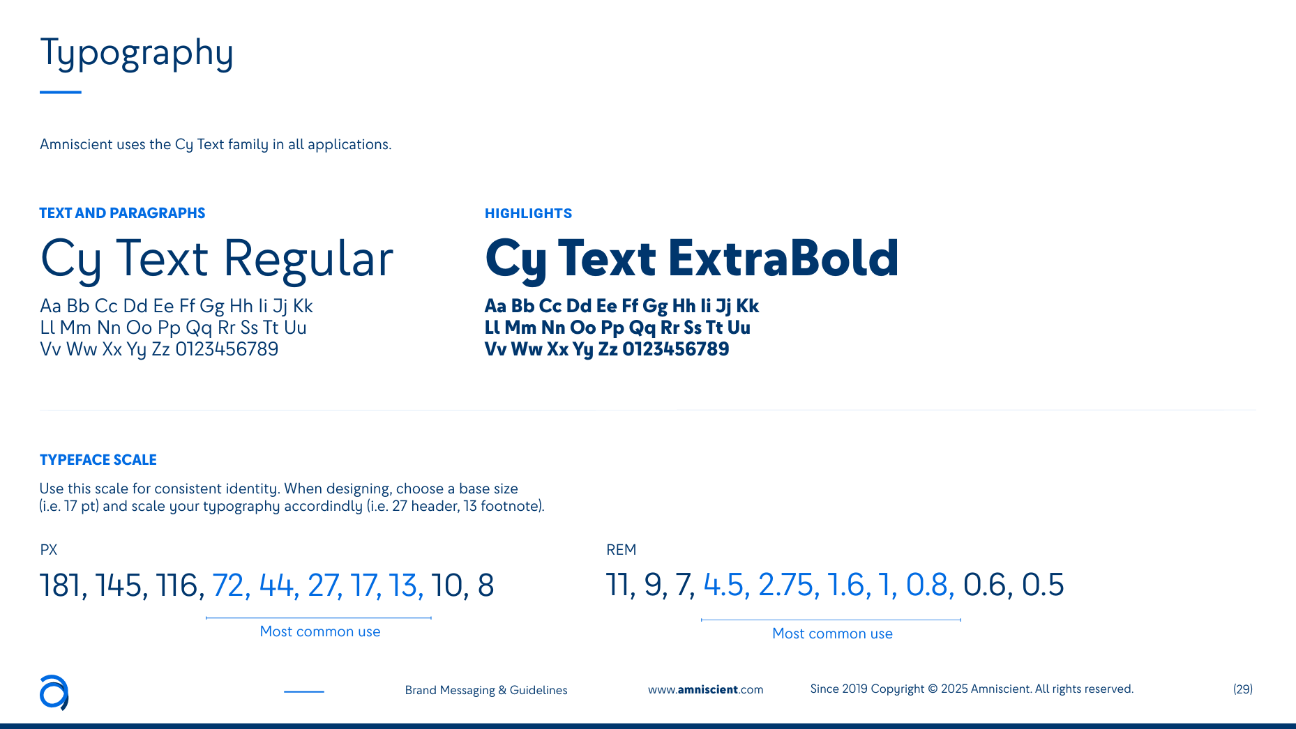 Typography guide showing Cy Text Regular and ExtraBold fonts with typeface scale in px and rem units.