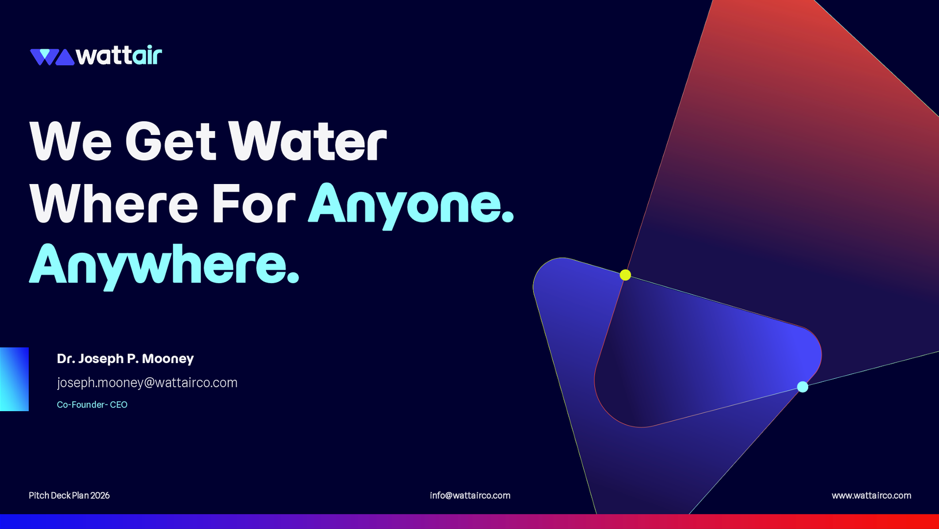 Wattair slide with slogan We Get Water Where For Anyone. Anywhere and contact info for Dr. Joseph P. Mooney.