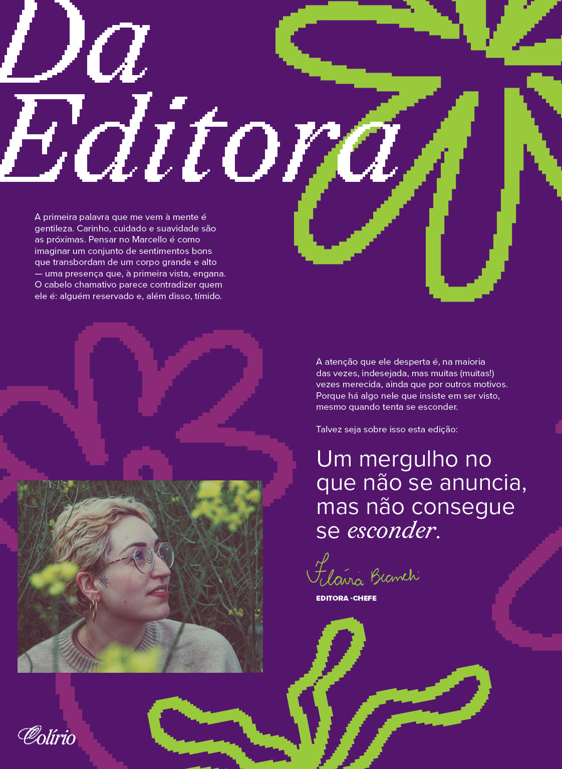 Portrait of a person with short blond hair, glasses, and a tattoo on their face indoors among plants.