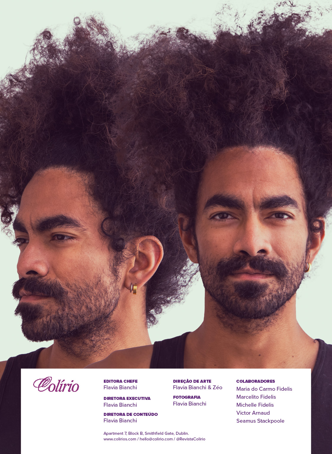 Two views of a man with thick curly hair, beard, and gold hoop earrings against a white background.