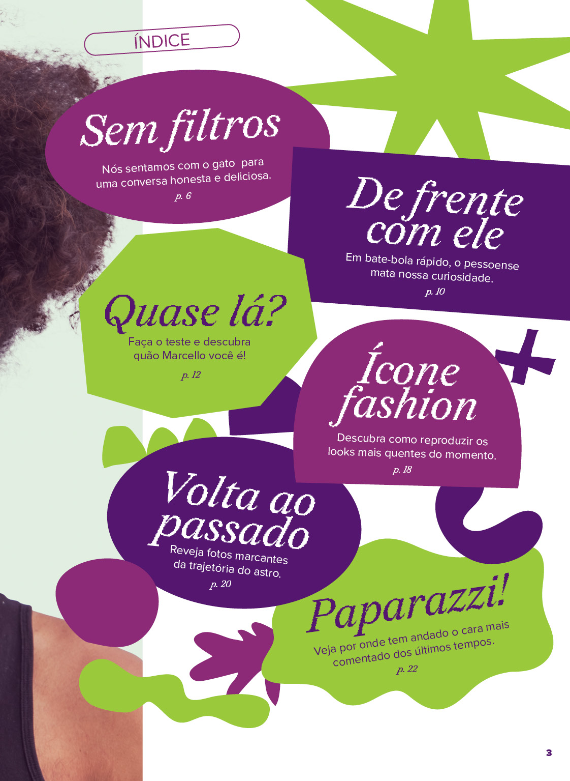 Magazine index page with colorful shapes listing articles like Sem filtros, Quase lá?, and Paparazzi!