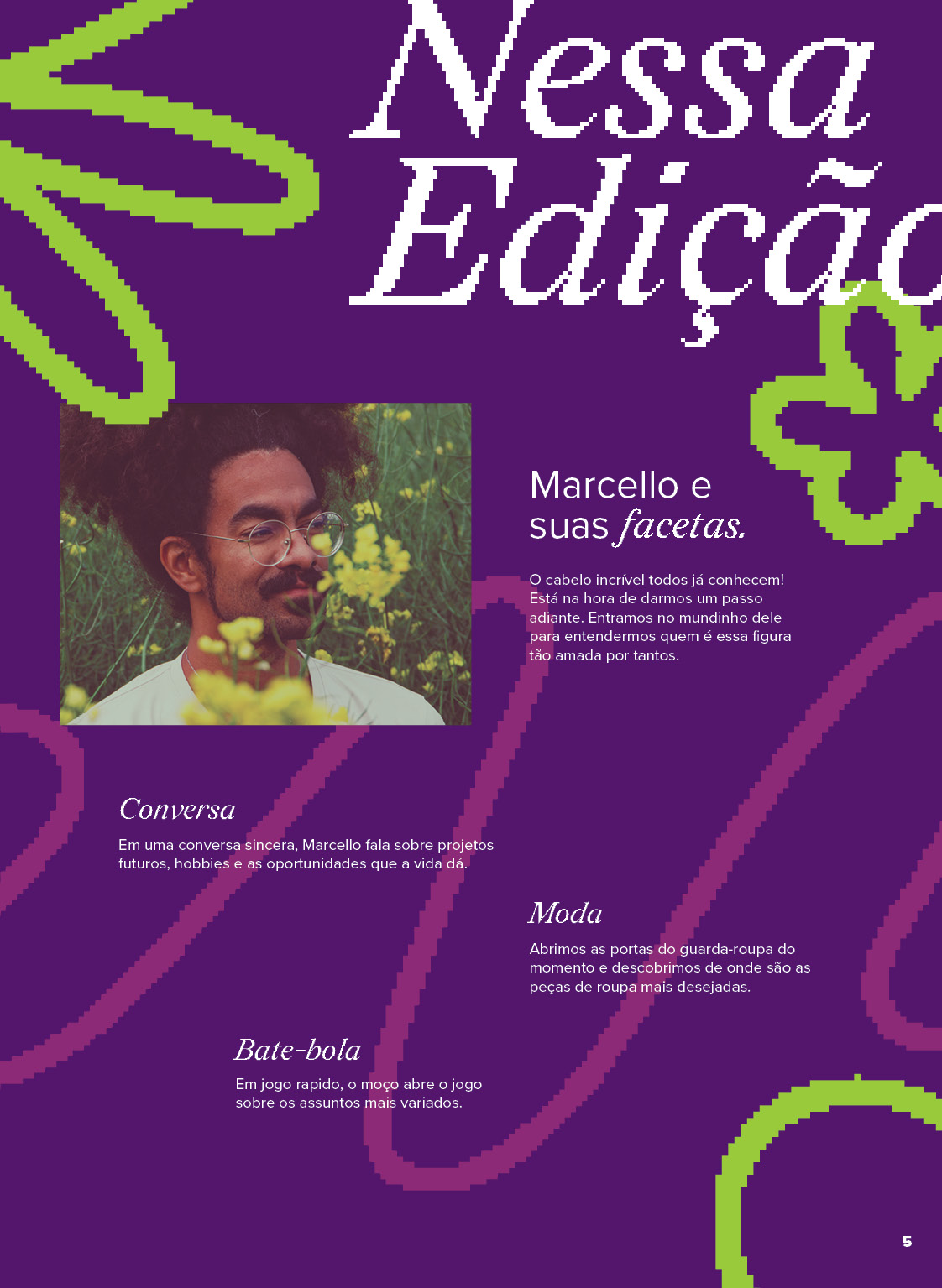 Man with curly hair and glasses stands in a field with yellow flowers, text about Marcello's facets.