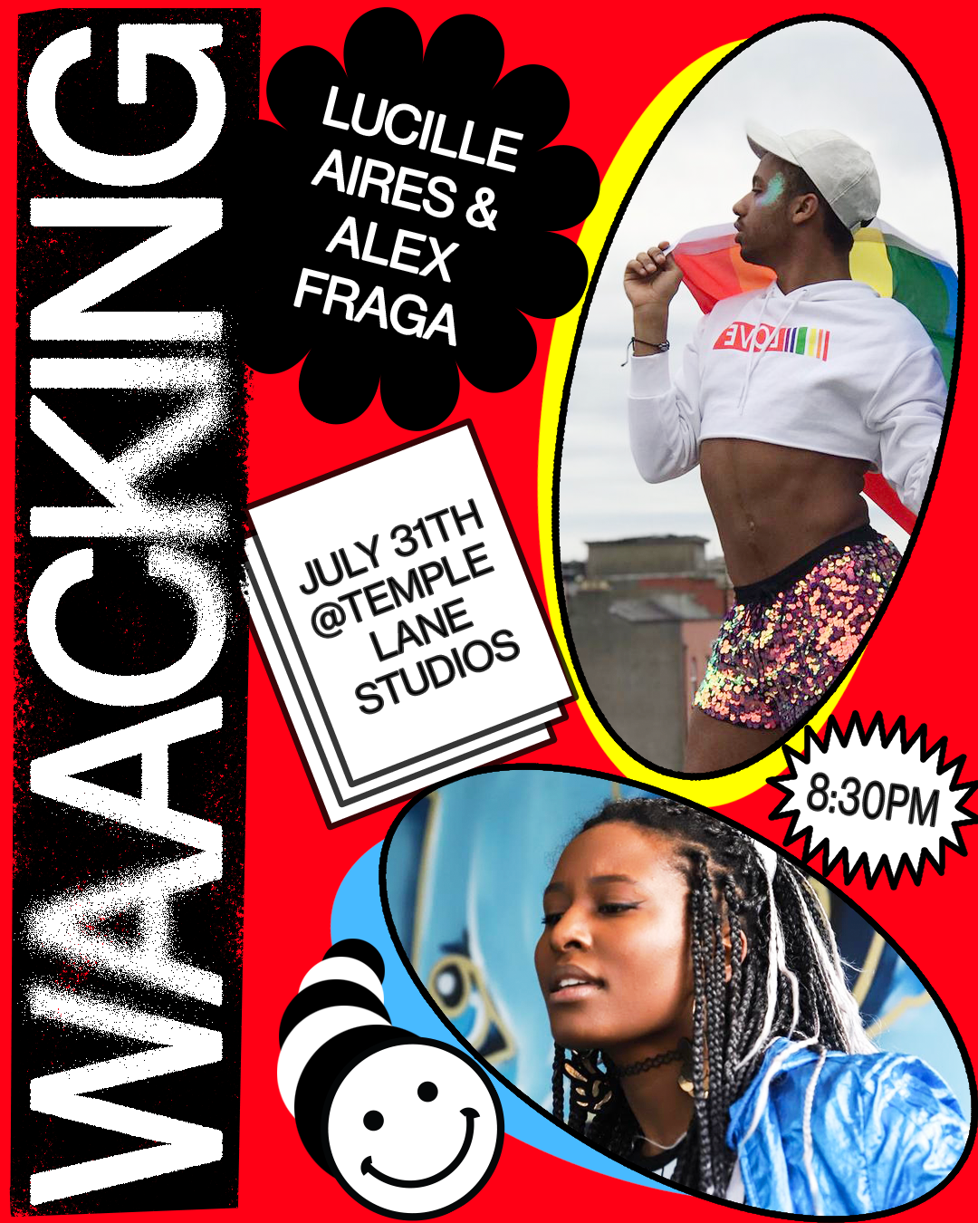 Colorful waacking workshop flyer with two dancers, event details, and a smiley face graphic on red background.