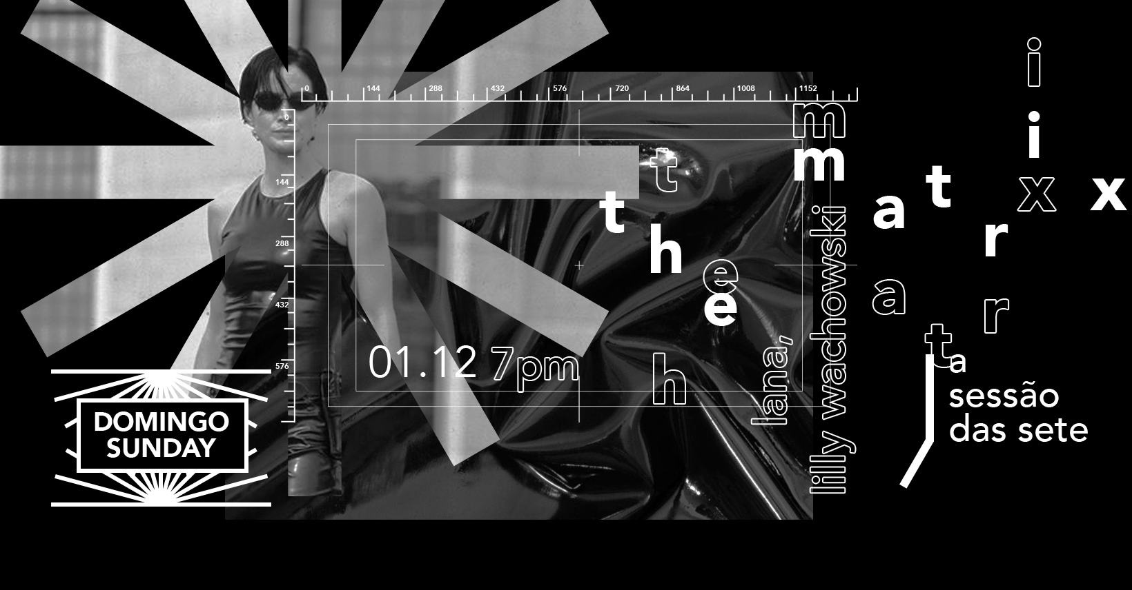 Black-and-white style image of a person in sunglasses and a sleek dress with artistic text elements.