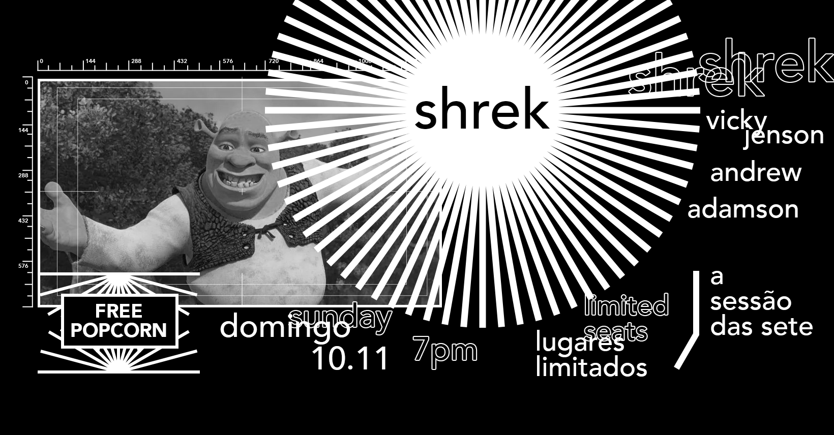 Poster for Shrek screening with character image, date 10.11, 7pm, free popcorn, and limited seats info.
