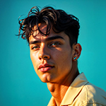 Portrait of a young man with dark curly hair and earrings against a clear blue sky.