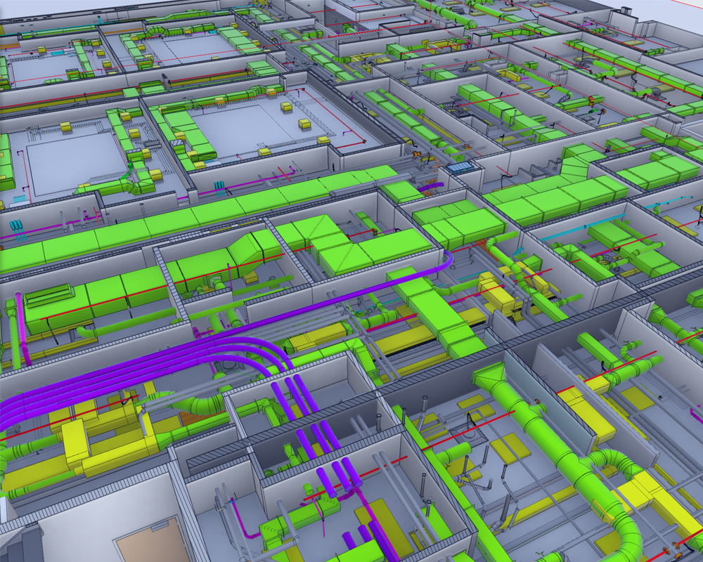 3D architectural model showing a complex network of green, yellow, and purple HVAC ducts and piping inside a building layout with multiple rooms and corridors.