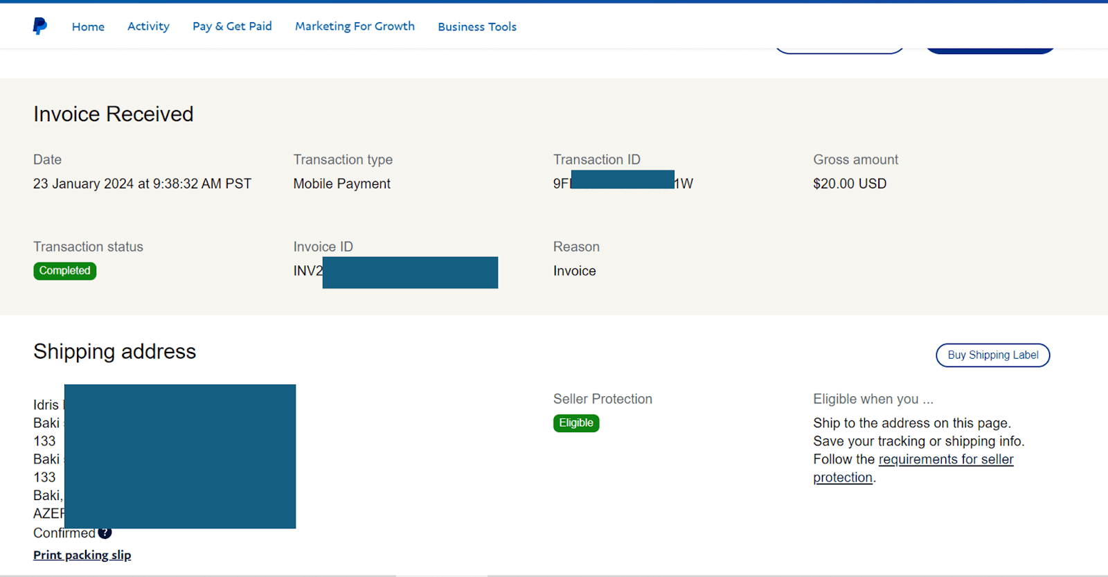 Sample payment transaction record showing the merchant descriptor and order details a customer sees when reviewing a charge