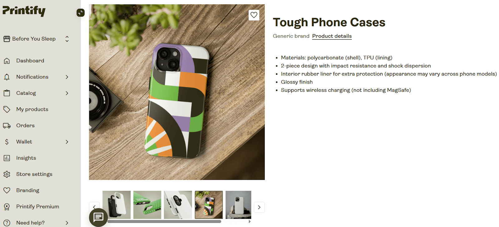 Alt text: Print-on-demand phone-case listing with an original abstract design