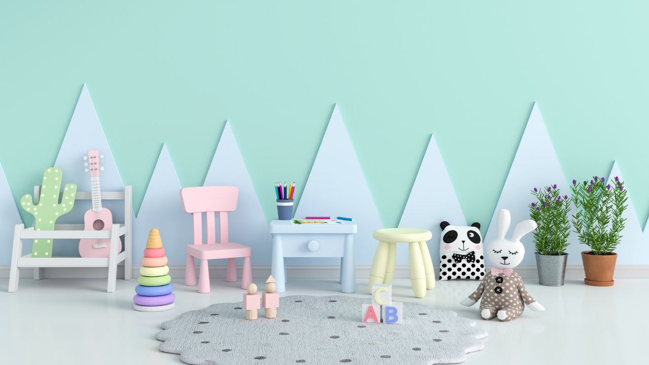 Pastel playroom with stacking toys, blocks, and plush animals