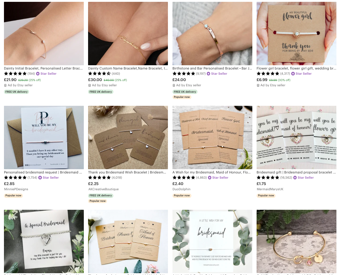 Product photo of bridesmaid and maid of honor jewelry