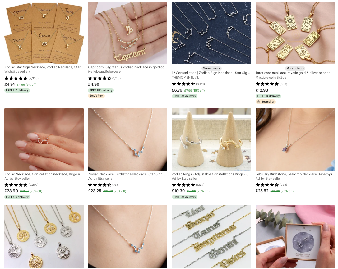 Product photo of zodiac and star sign jewelry